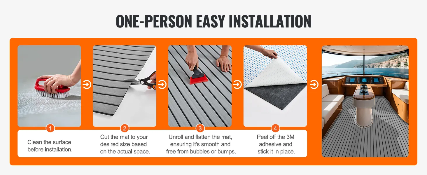 one-person installing VEVOR boat flooring: clean surface, cut mat, unroll, peel adhesive, and stick.