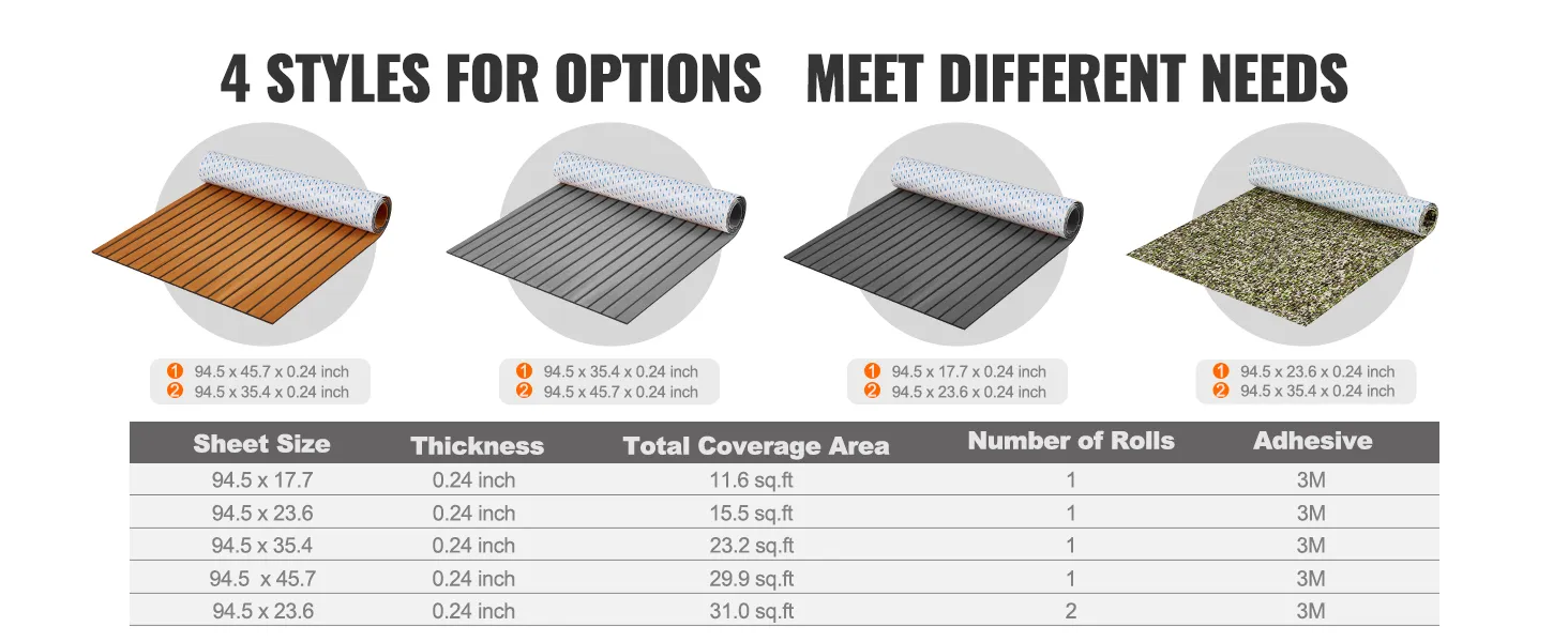 VEVOR boat flooring available in 4 styles, various sizes and thickness, each with 3m adhesive backing.