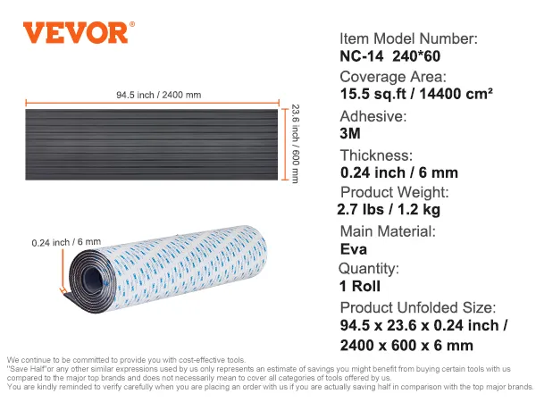 VEVOR boat flooring specifications: eva, 94.5 x 23.6 x 0.24 inches, 15.5 sq.ft, adhesive 3m, 1 roll.