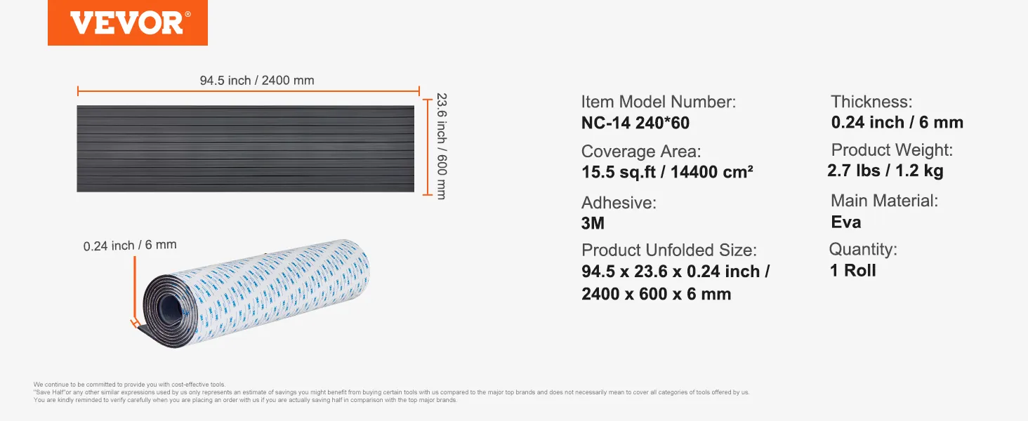 VEVOR boat flooring specifications: eva, 94.5 x 23.6 x 0.24 inches, 15.5 sq.ft, adhesive 3m, 1 roll.
