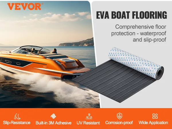 VEVOR boat flooring - slip-resistant, waterproof flooring with 3m adhesive, on orange boat at sea.