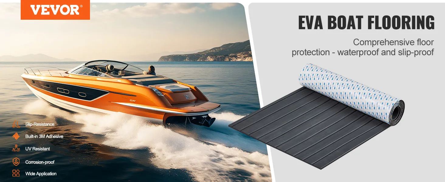 VEVOR boat flooring - slip-resistant, waterproof flooring with 3m adhesive, on orange boat at sea.