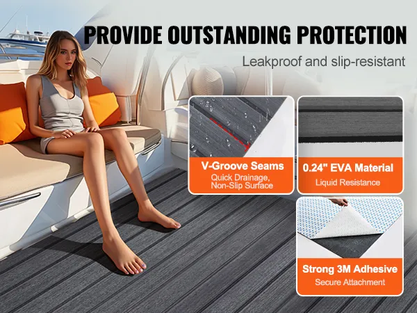 VEVOR boat flooring offers slip-resistant, leakproof protection with v-groove seams, eva material, and 3m adhesive.