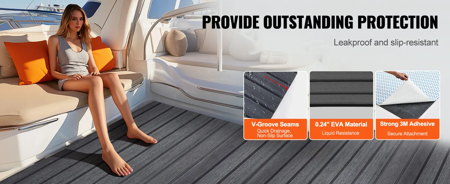 VEVOR boat flooring offers slip-resistant, leakproof protection with v-groove seams, eva material, and 3m adhesive.