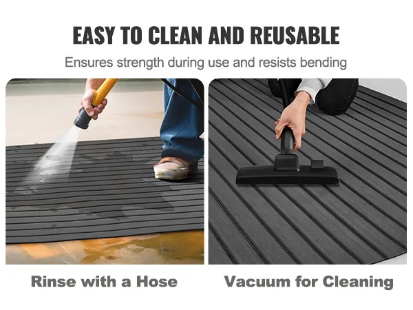 easy cleaning of VEVOR boat flooring using a hose and vacuum, showcasing durability and reusability.