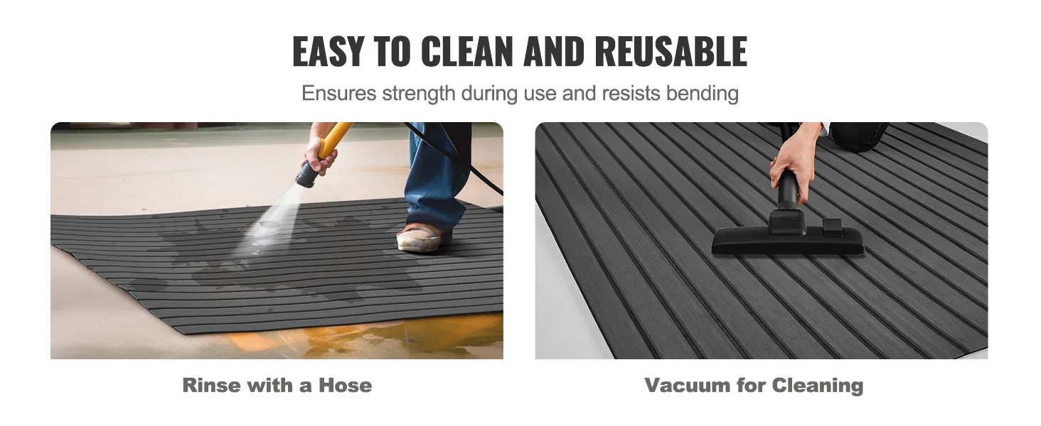 easy cleaning of VEVOR boat flooring using a hose and vacuum, showcasing durability and reusability.