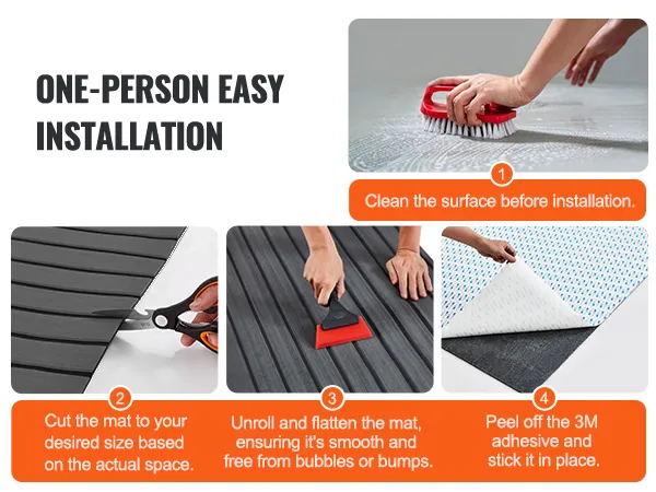 one-person easy installation of VEVOR boat flooring with simple cleaning, cutting, unrolling, and sticking.