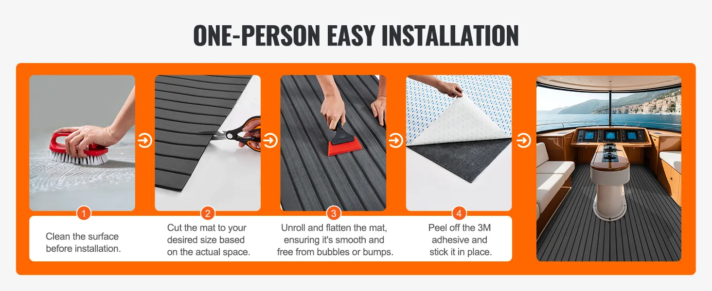 one-person easy installation of VEVOR boat flooring with simple cleaning, cutting, unrolling, and sticking.