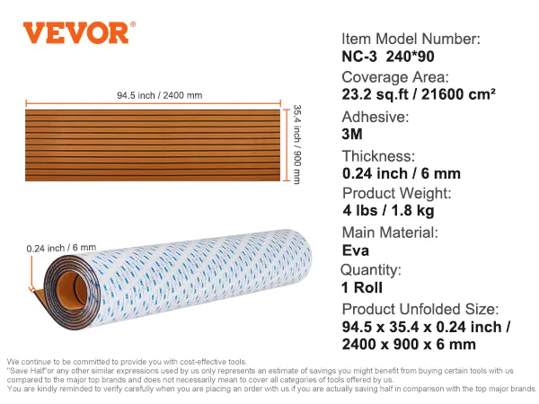 Rotolo di rivestimento per barche VEVOR, 94,5 x 35,4 pollici, spessore 0,24 pollici, adesivo 3M, materiale EVA, copertura di 23,2 piedi quadrati.