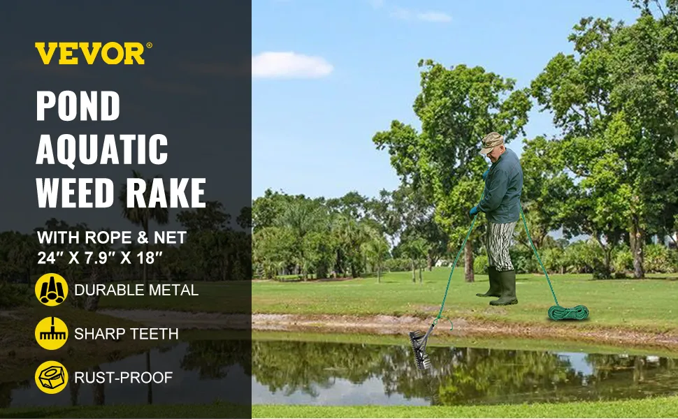 Rastrillo de estanque VEVOR: hombre usando un rastrillo para malezas acuáticas de estanque con cuerda y red cerca de un pequeño lago.