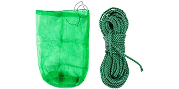 green VEVOR pond rake with net bag and coiled rope.