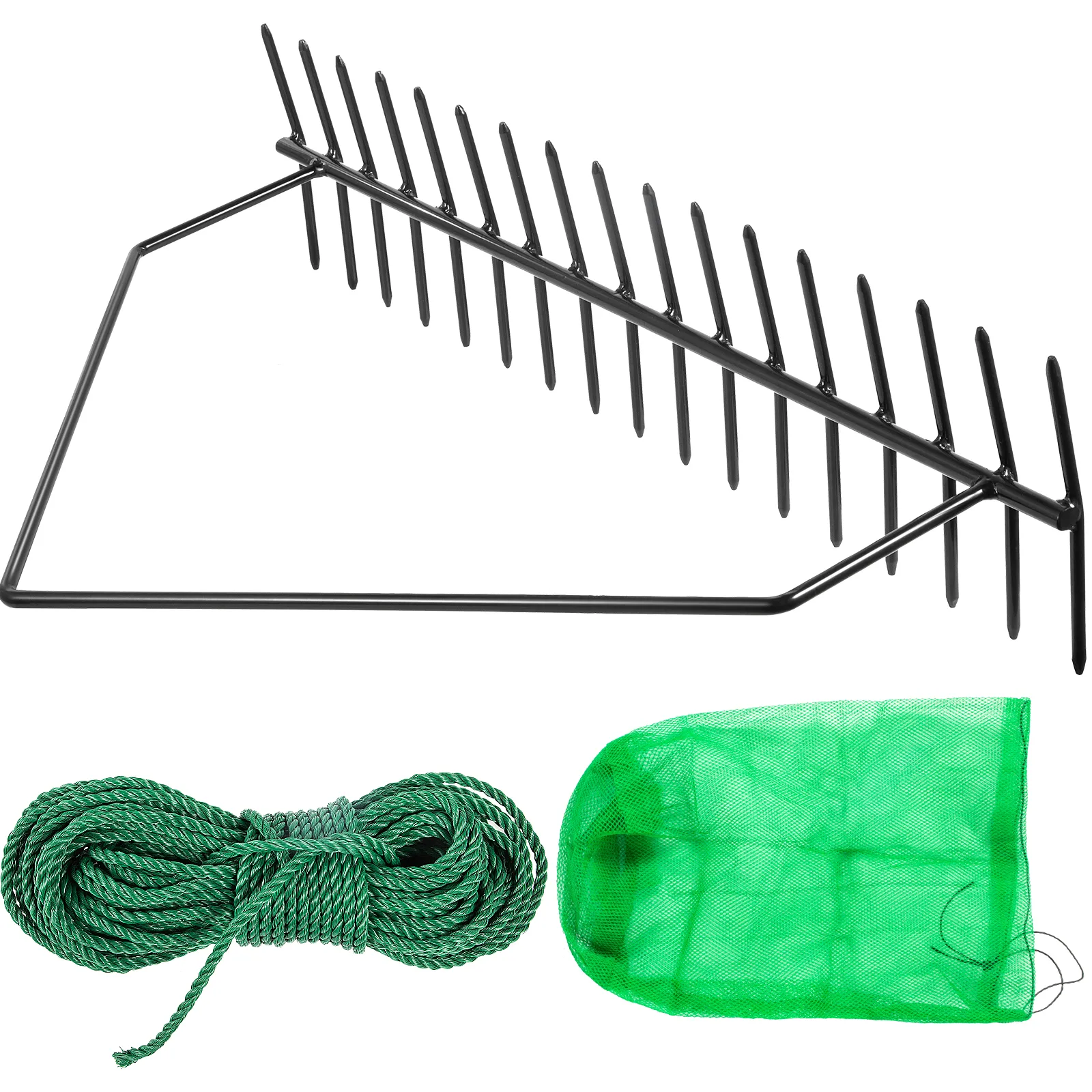 VEVOR pond rake kit with green rope and mesh bag, designed for pond cleaning.