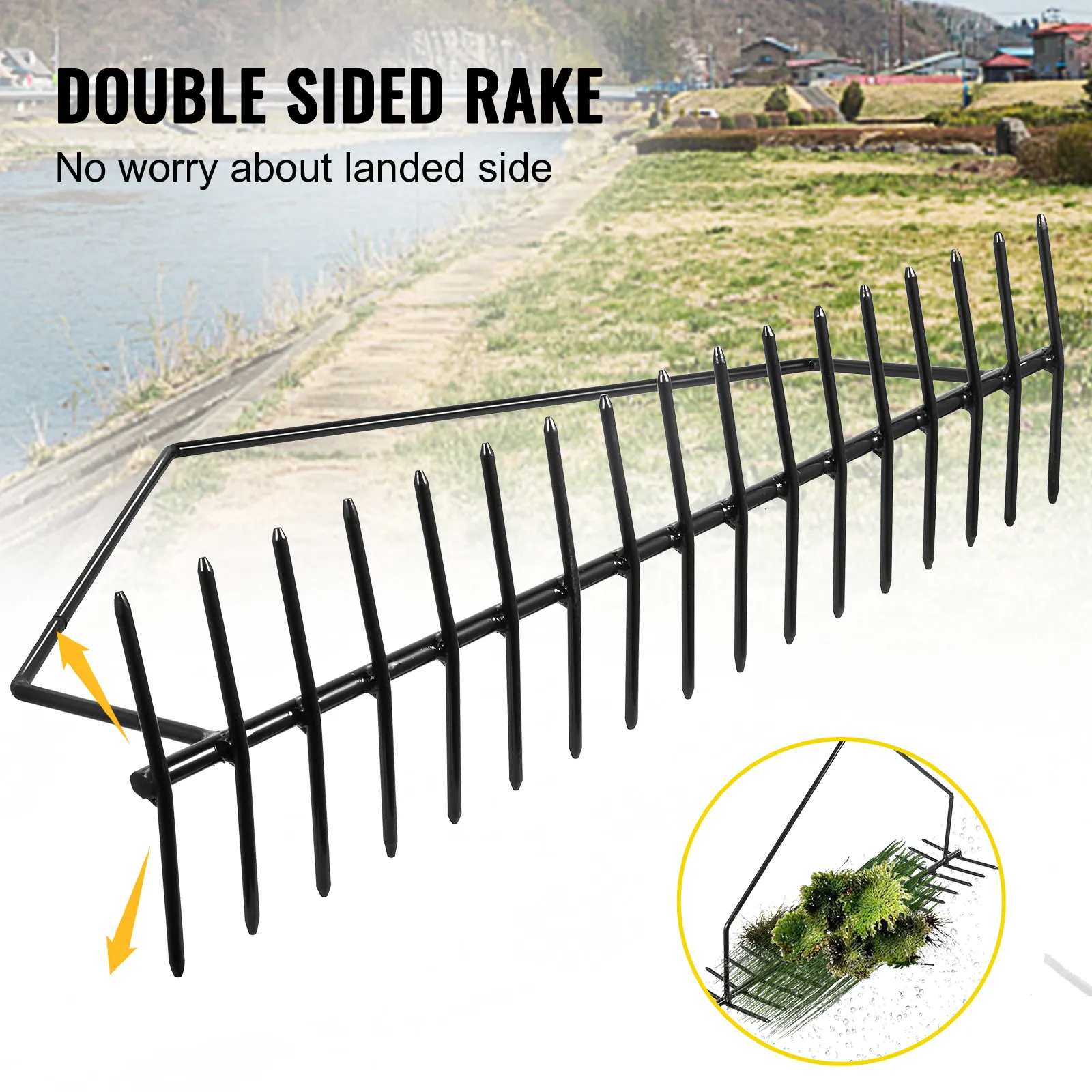 double-sided VEVOR pond rake by a lakeside, featuring sturdy black tines.