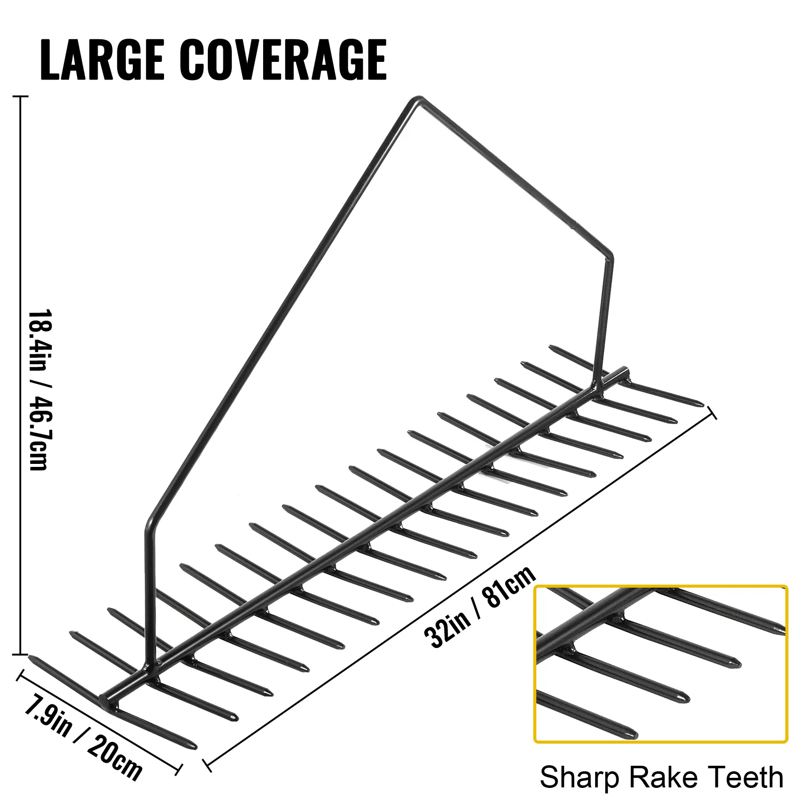 VEVOR pond rake with large coverage, 18.4in height, and 32in width, sharp rake teeth.