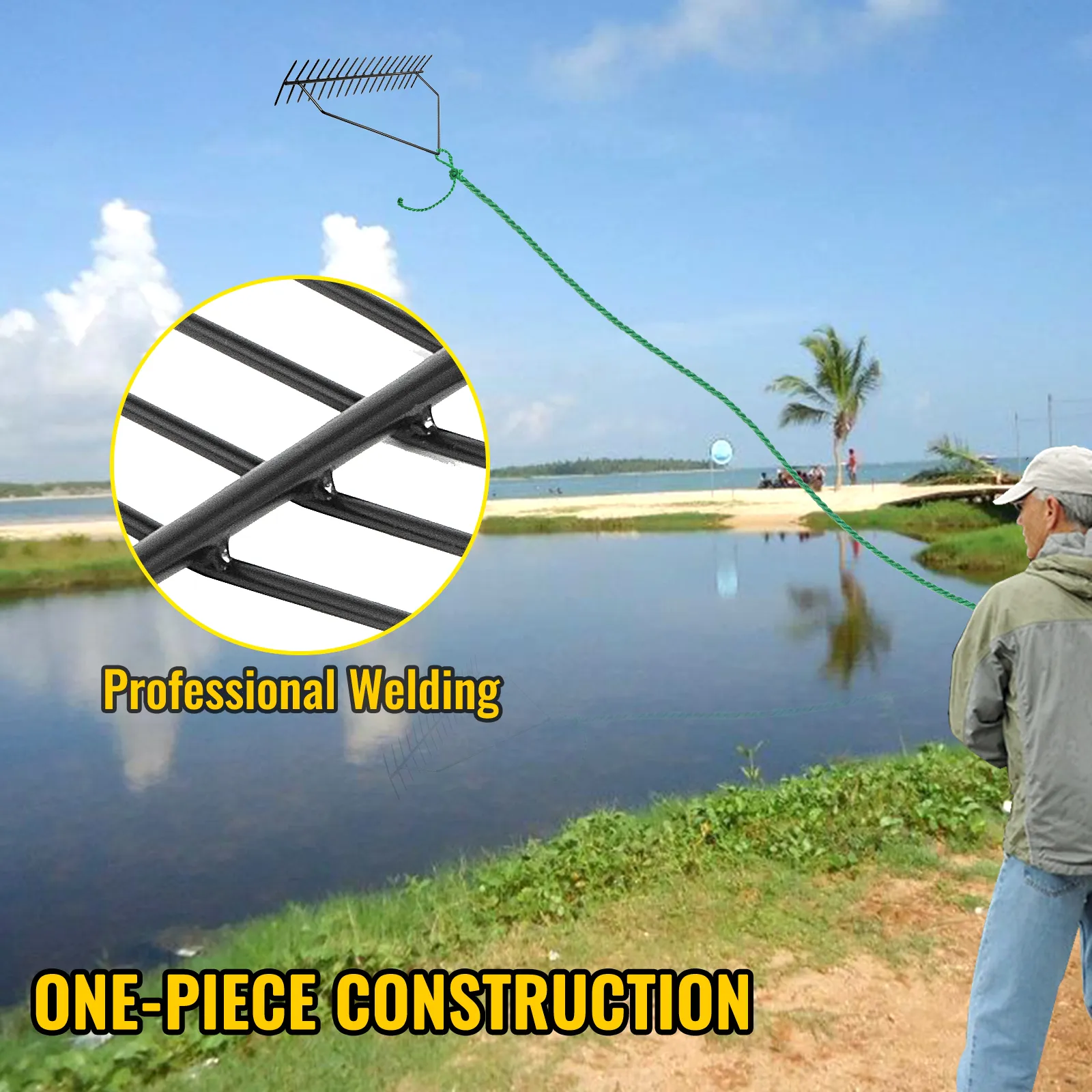 VEVOR pond rake with one-piece construction and professional welding by a lakeside.