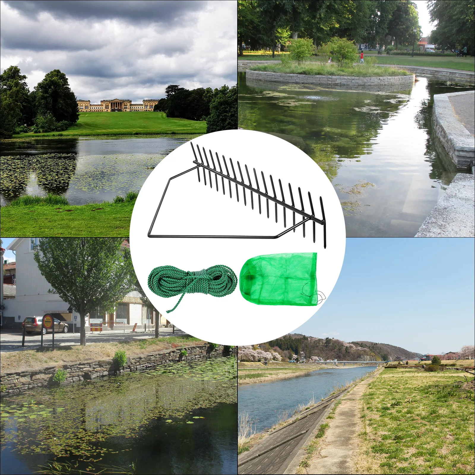 VEVOR pond rake with rope and green mesh bag shown in various pond and lake settings.