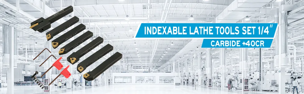 VEVOR indexable carbide tools set in an industrial background.