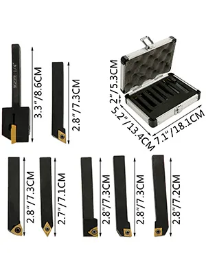 VEVOR indexable carbide tools set with dimensions and storage case.