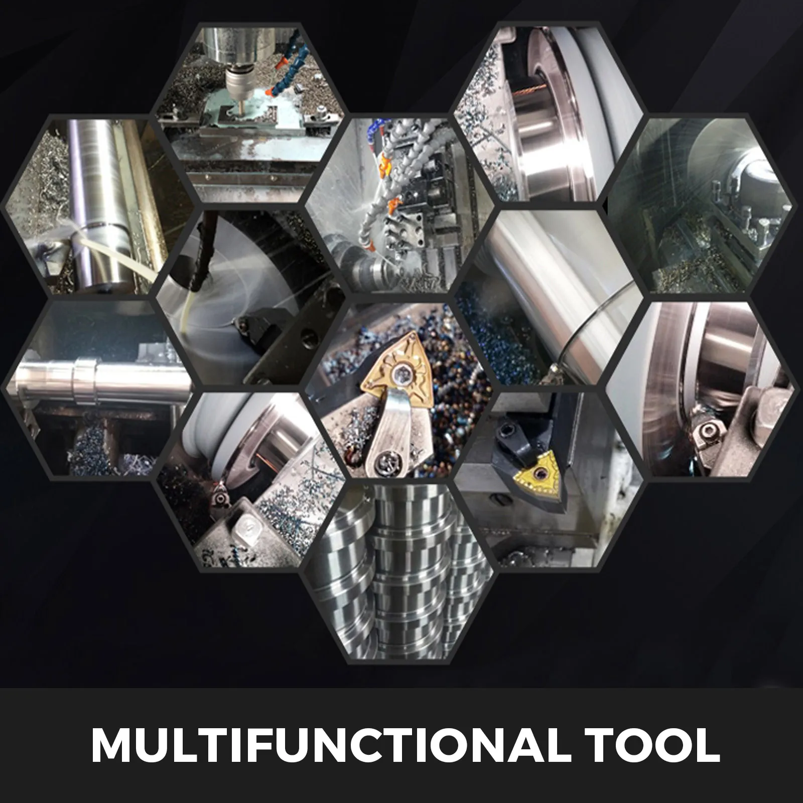 collage of various VEVOR indexable carbide tools in use with text "multifunctional tool".