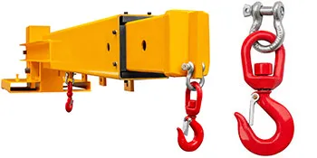 Gele VEVOR vorkheftruckkraanbevestiging met twee rode haken.