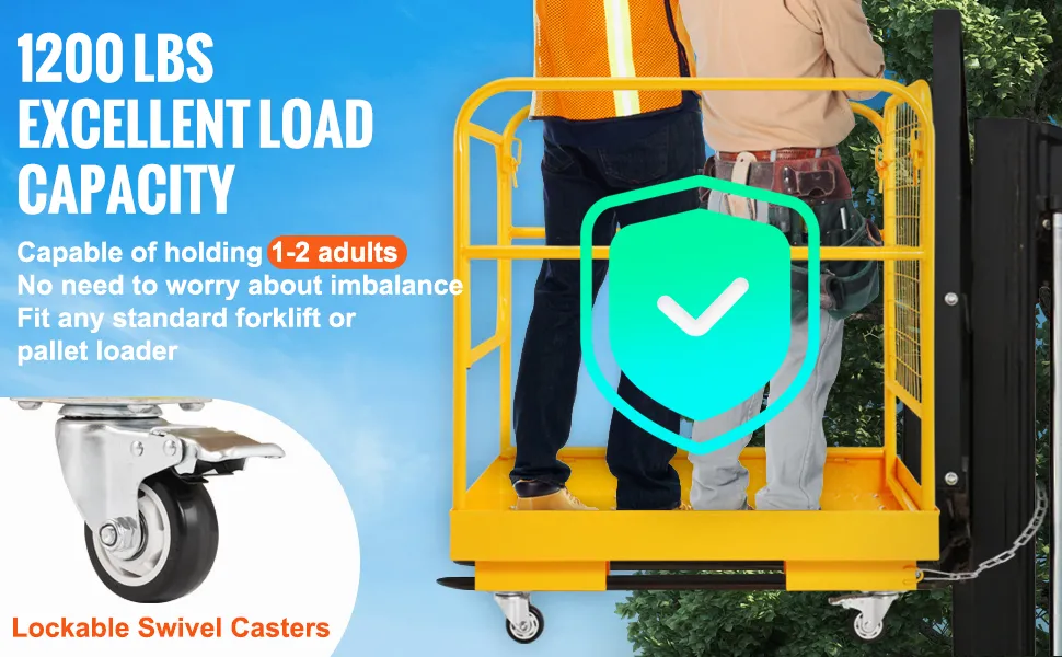 VEVOR Forklift Safety Cage, 1200 lbs Load Capacity, 36 x 36 inches Folding Forklift Work Platform with Lockable Swivel Wheels, Drain Hole & Device Chain, Holds 1 to 2 Adults, Perfect for Aerial Work