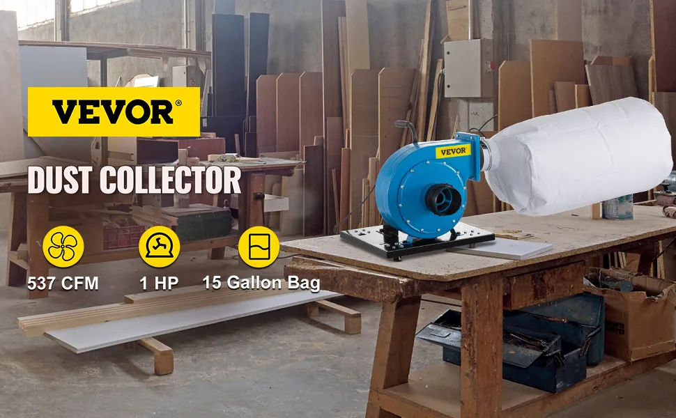 Colector de polvo VEVOR en un taller, con 537 cfm, 1 hp y una bolsa de 15 galones.