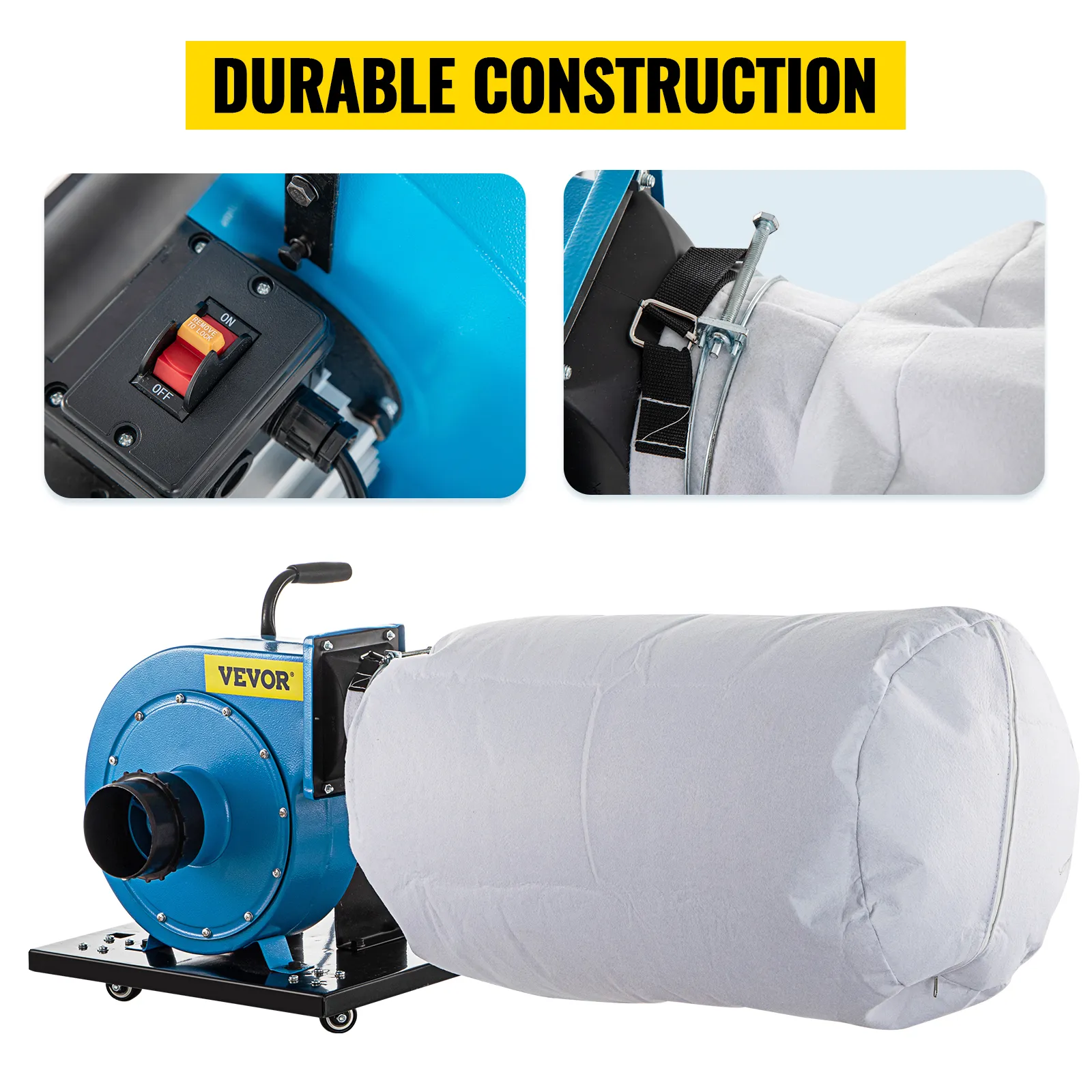 Colector de polvo VEVOR con construcción duradera, interruptor de encendido/apagado y bolsa de polvo grande.