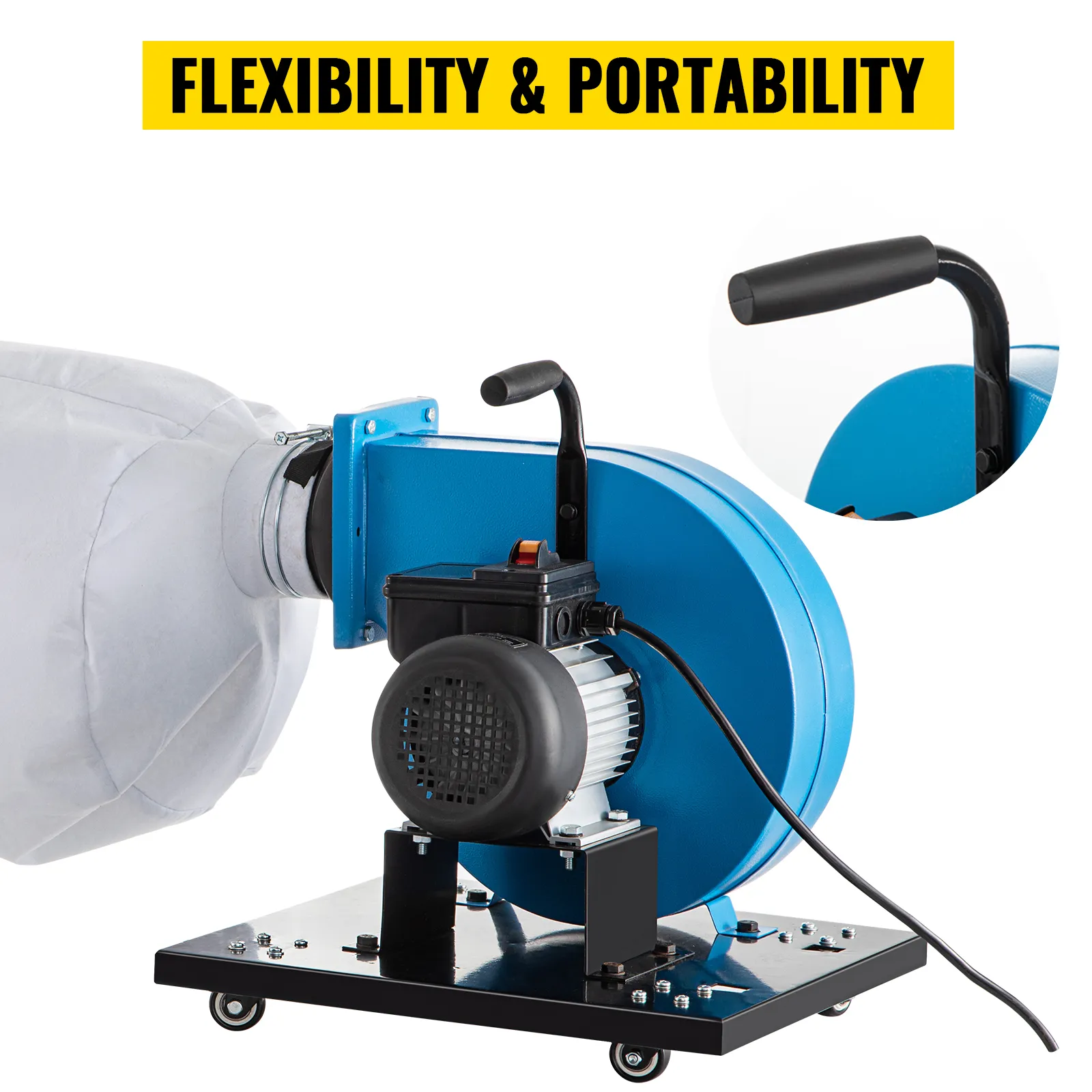 Colector de polvo VEVOR con motor azul, manguera flexible y mango portátil sobre base de metal.