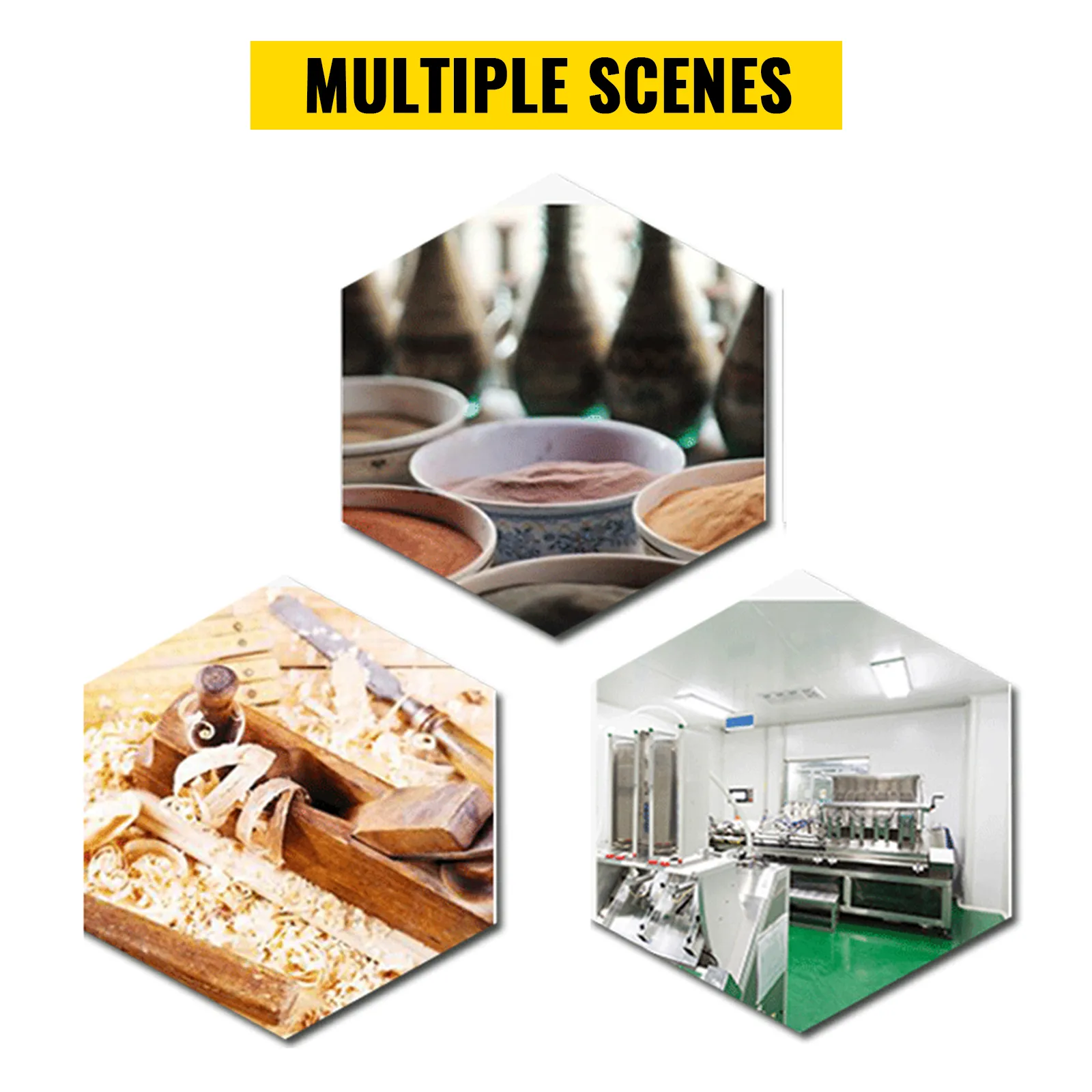 Diversos usos del colector de polvo VEVOR en las industrias de carpintería, laboratorio y alimentación.