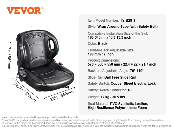 VEVOR forklift seat with black pvc leather, adjustable backrest, and safety belt, 22.4"x22"x21.7".