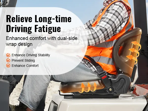 VEVOR forklift seat for enhanced comfort with dual-side wrap design and fatigue relief features.