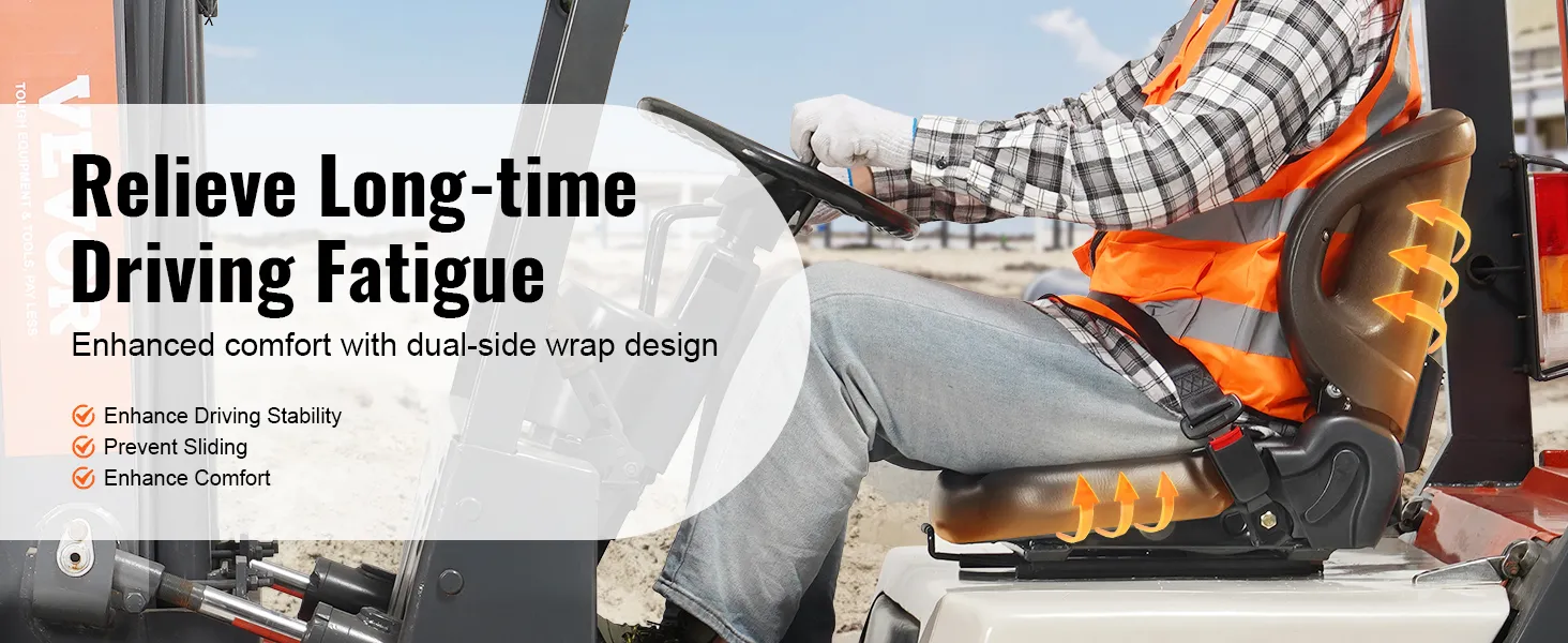VEVOR forklift seat for enhanced comfort with dual-side wrap design and fatigue relief features.