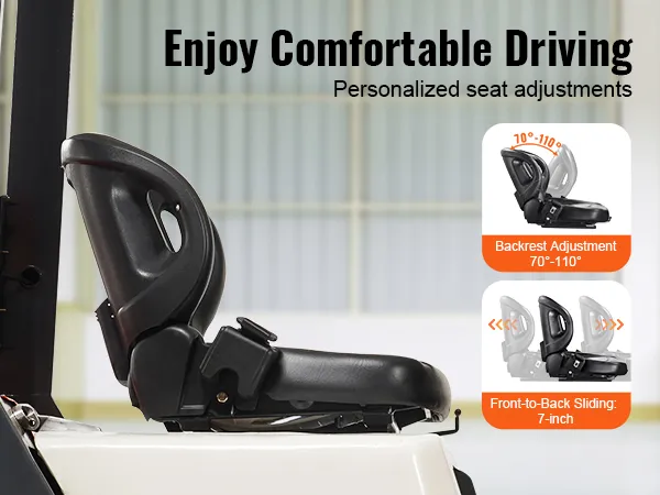 VEVOR forklift seat: adjustable backrest 70°-110°, front-to-back sliding 7-inch, enhancing driver comfort.