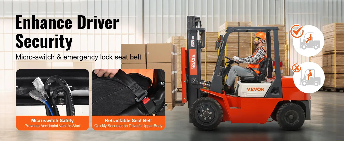 VEVOR forklift seat with microswitch, emergency lock seat belt, and driver safety enhancements in warehouse.