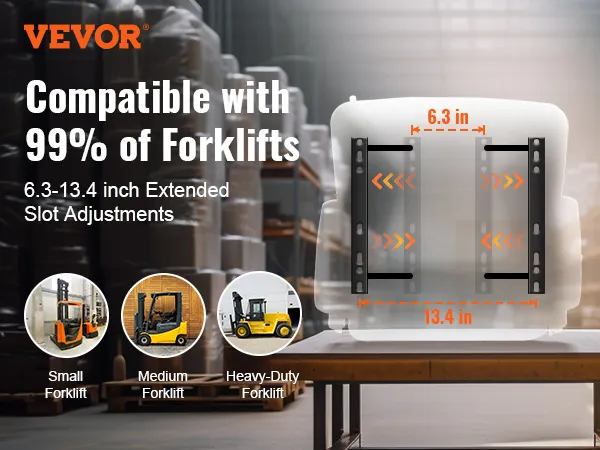 VEVOR forklift seat compatible with 99% of forklifts, featuring 6.3-13.4 inch extended slot adjustments.