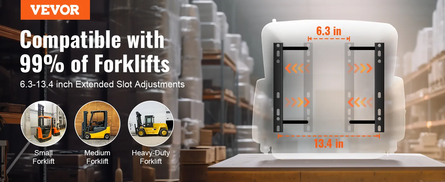 VEVOR forklift seat compatible with 99% of forklifts, featuring 6.3-13.4 inch extended slot adjustments.