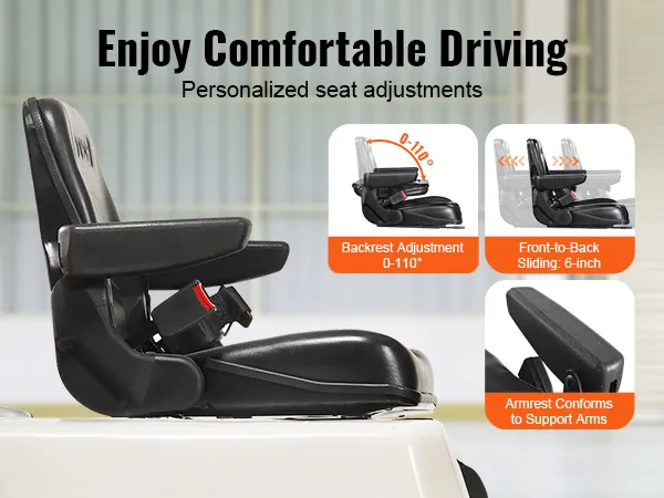 VEVOR forklift seat with adjustable backrest, sliding feature, and armrest for personalized comfort.
