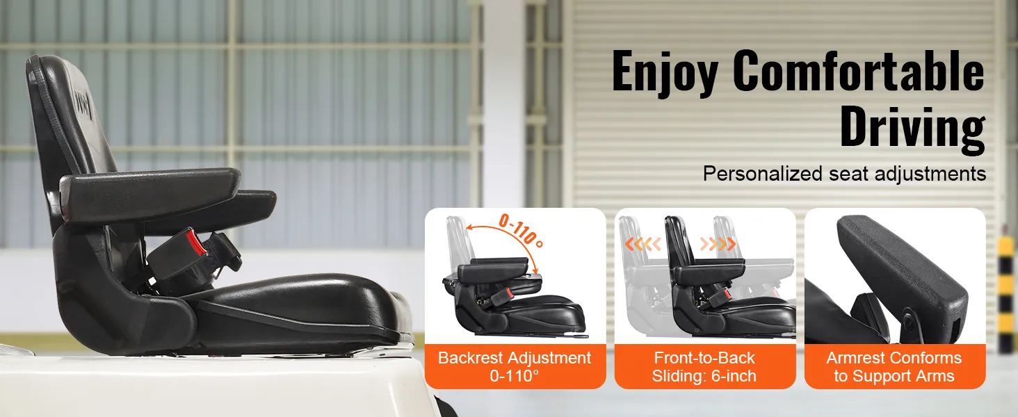VEVOR forklift seat with adjustable backrest, sliding feature, and armrest for personalized comfort.