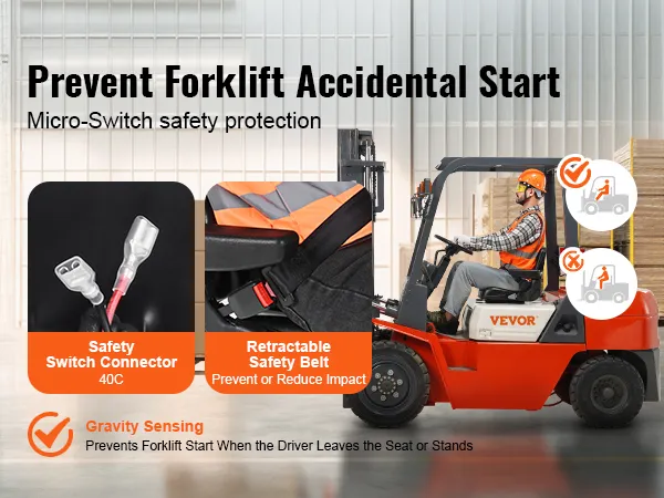 VEVOR forklift seat with micro-switch, retractable safety belt, and gravity sensing for enhanced security.