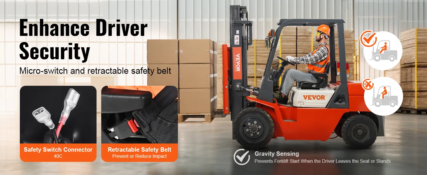VEVOR forklift seat with micro-switch, retractable safety belt, and gravity sensing for enhanced security.