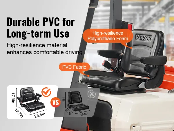 VEVOR forklift seat with durable pvc, high-resilience foam, and ergonomic design for long-term use.