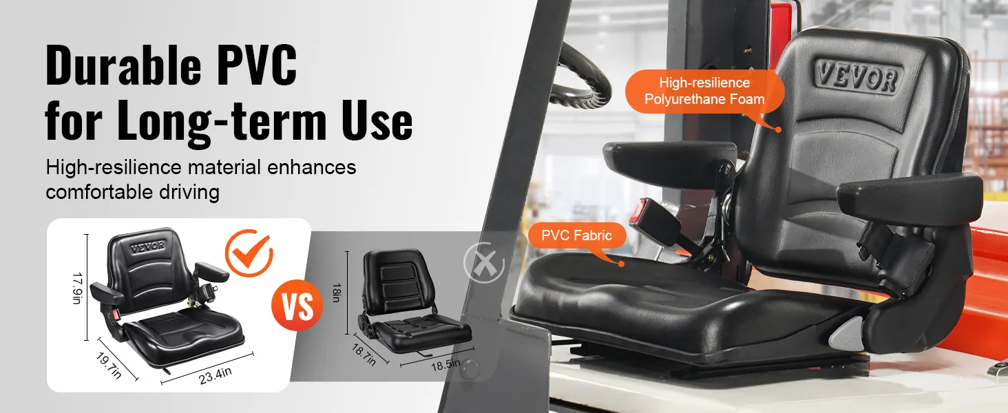 VEVOR forklift seat with durable pvc, high-resilience foam, and ergonomic design for long-term use.