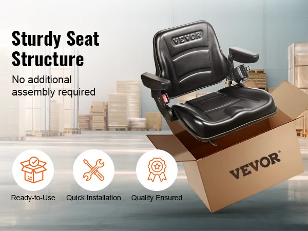 VEVOR forklift seat in a box, emphasizing sturdy structure, quick installation, and quality assurance.