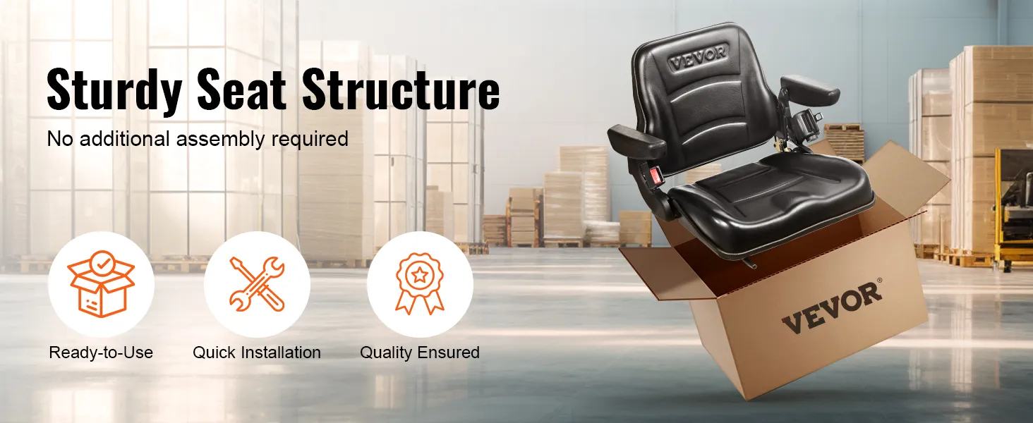 VEVOR forklift seat in a box, emphasizing sturdy structure, quick installation, and quality assurance.