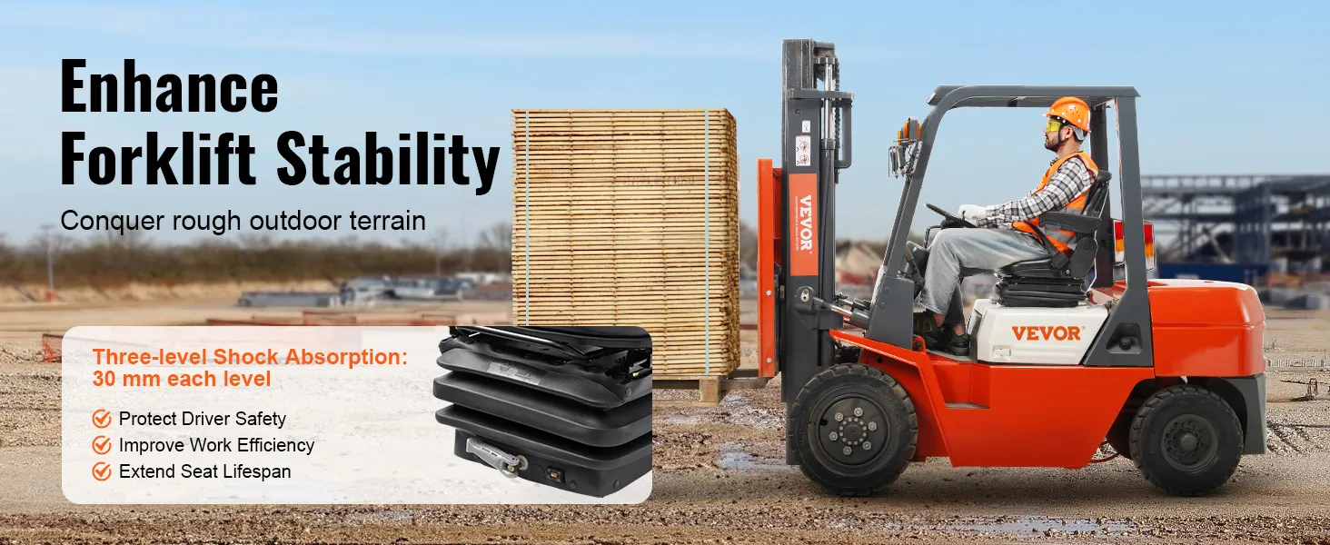 carrello elevatore con sedile universale per trattore VEVOR dotato di ammortizzazione a tre livelli, che migliora stabilità ed efficienza.