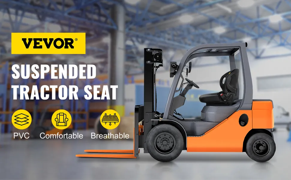 VEVOR universal tractor seat on forklift in spacious warehouse. pvc, comfortable, breathable.