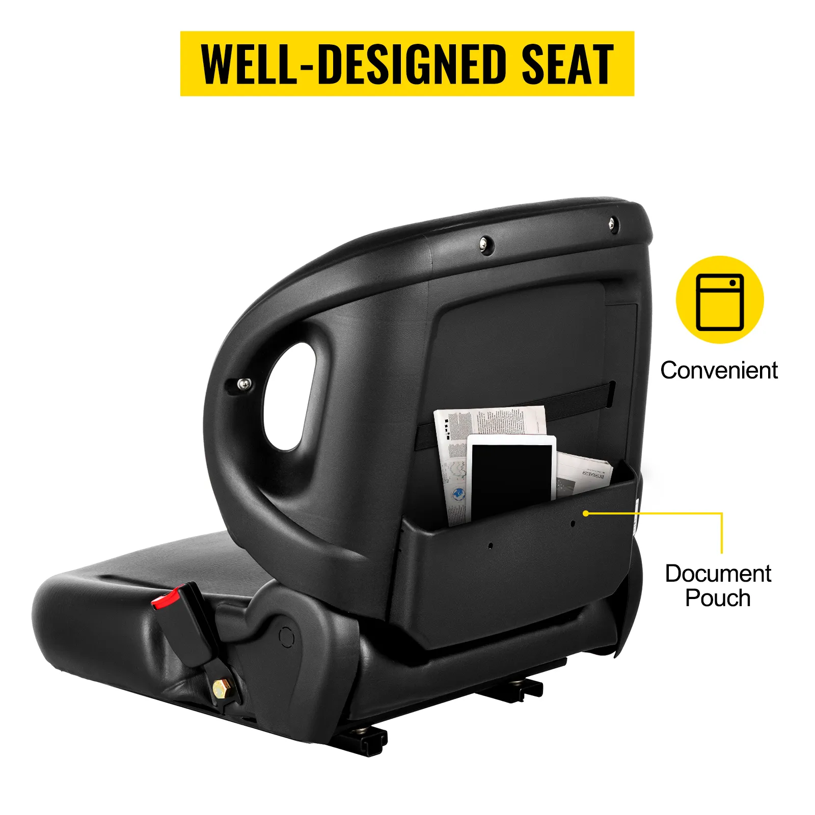 VEVOR universal tractor seat with convenient document pouch and ergonomic design.