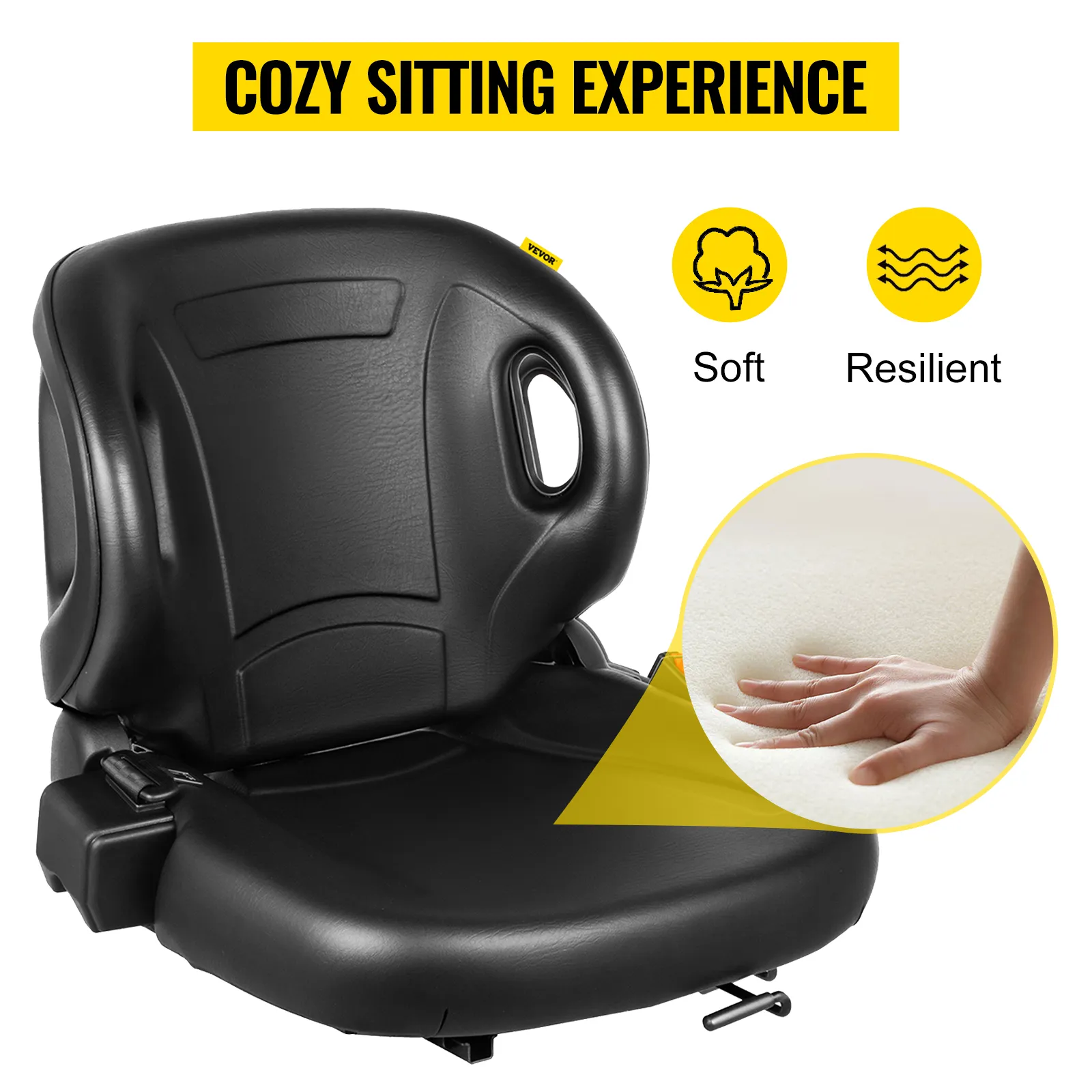 VEVOR universal tractor seat: cozy, soft, and resilient for comfortable sitting experience.