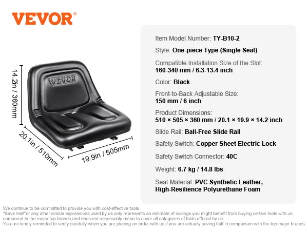 VEVOR tractor seat with dimensions 20.1x19.9x14.2 inches, black pvc leather, and adjustable slide rail.