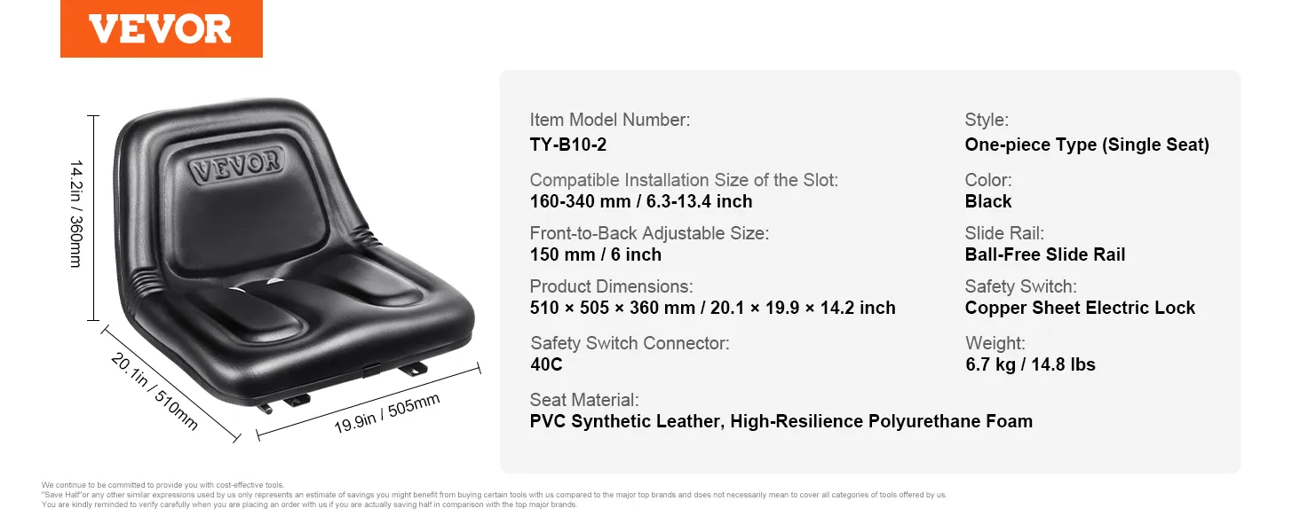 VEVOR tractor seat with dimensions 20.1x19.9x14.2 inches, black pvc leather, and adjustable slide rail.